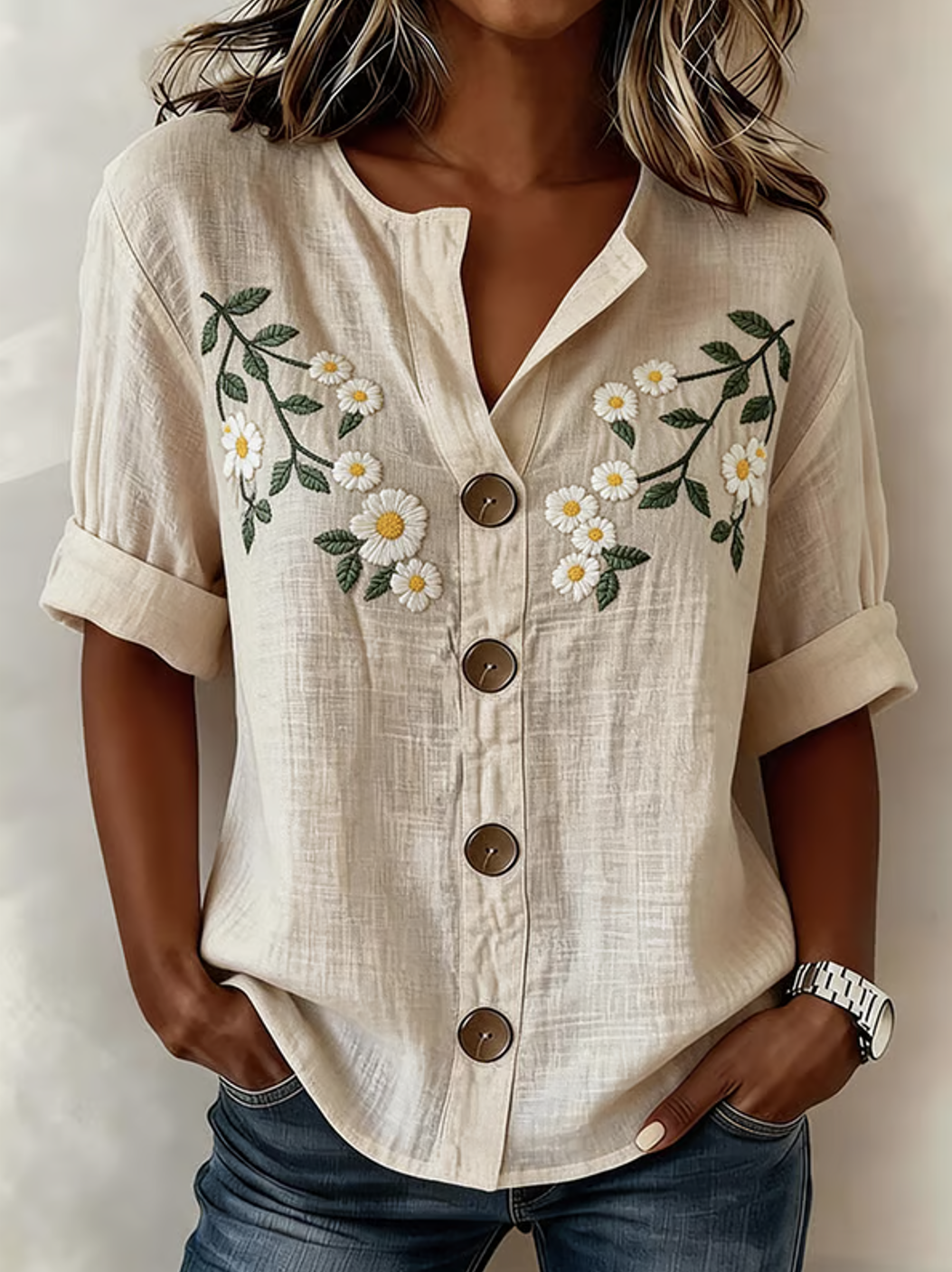 Simple Stand Collar Floral Linen Blend Shirt