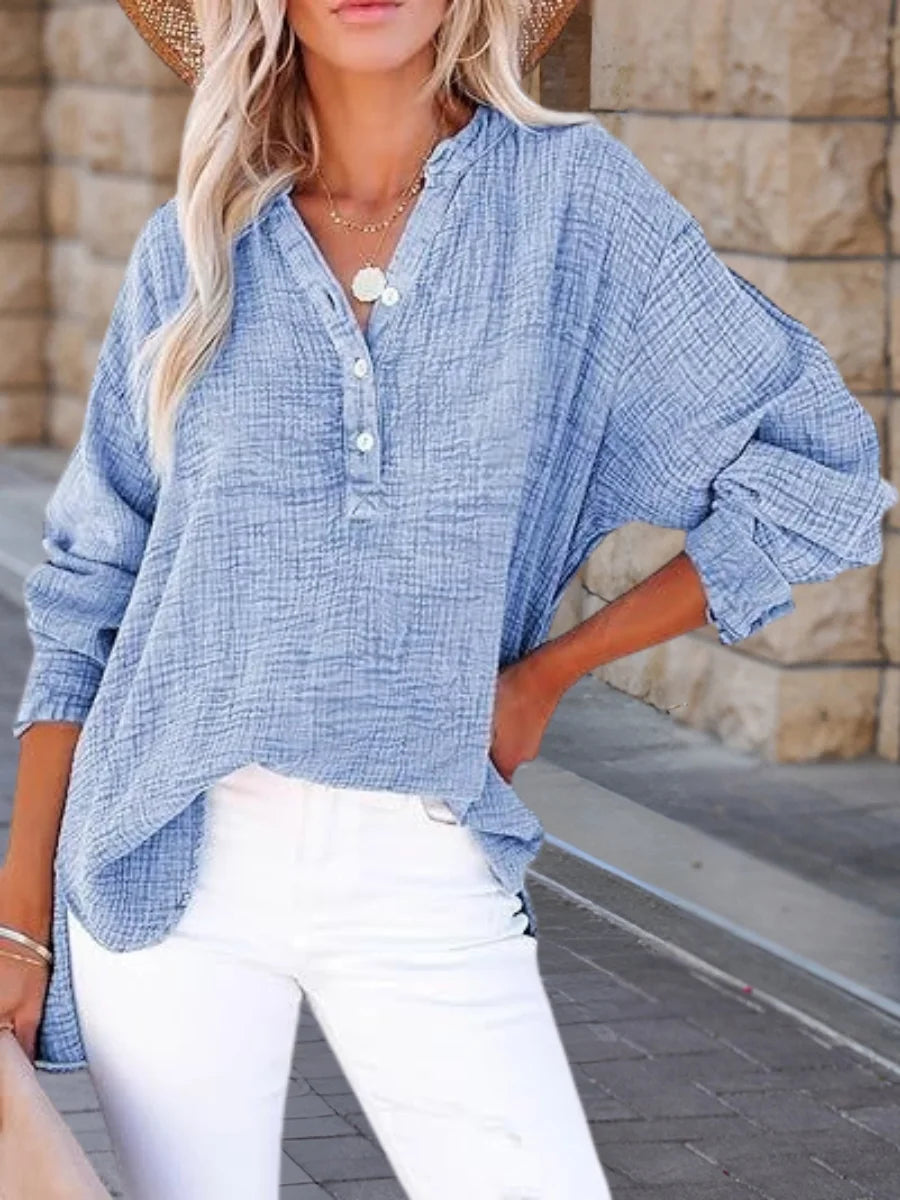 Women's Long Sleeve Shirt Spring/Fall Sky Blue Plain Split Joint Cotton V Neck Daily Going Out Casual Top