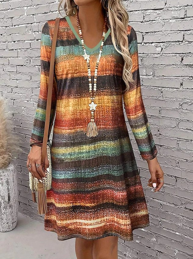 Casual Geometric V Neck Regular Fit Dress With No