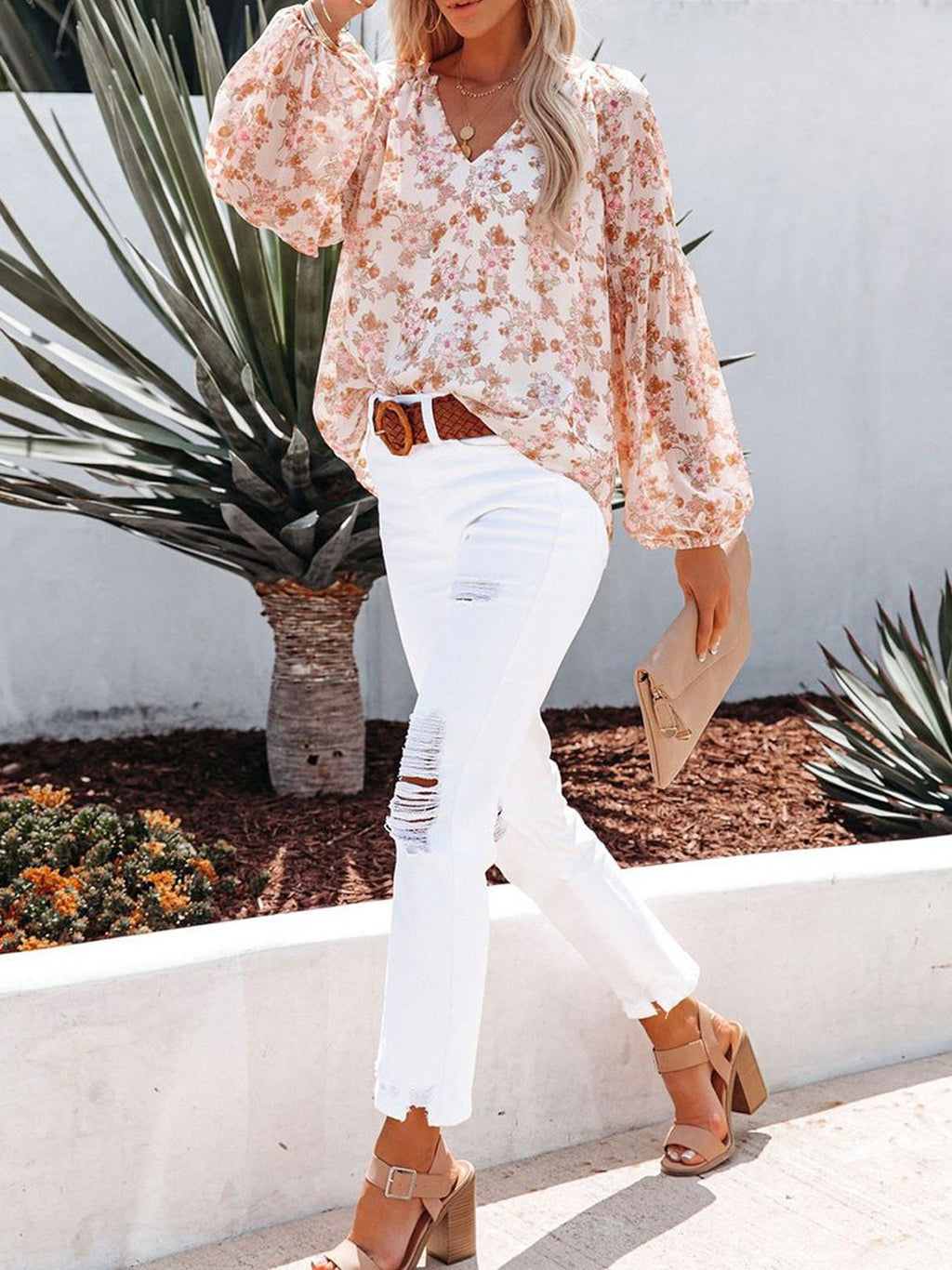Women's Long Sleeve Shirt Spring/Fall Green Floral Split Joint V Neck Balloon Sleeve Daily Going Out Casual Top