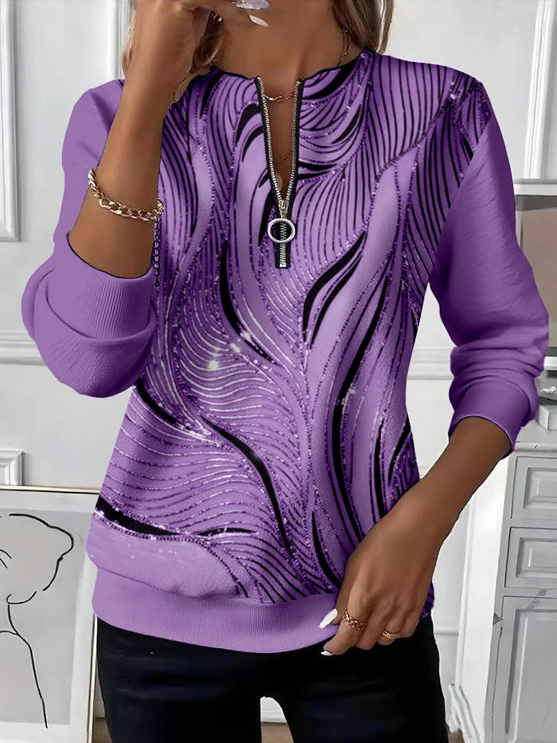Women's Abstract Print Casual Zipper Long Sleeve Sweatshirt