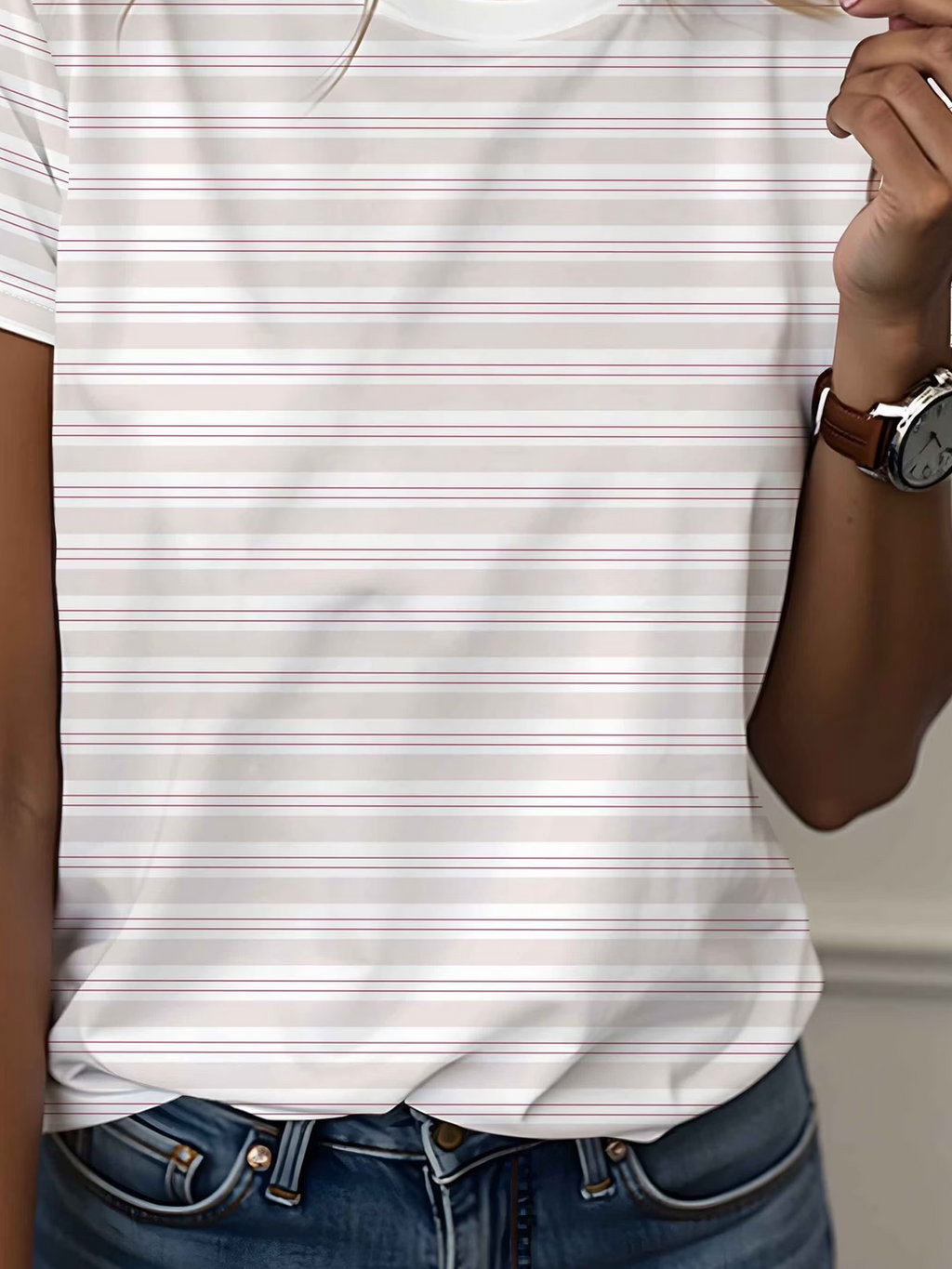 Women's Short Sleeve T-shirt Summer White Striped Printing Jersey Crew Neck Daily Going Out Casual Top