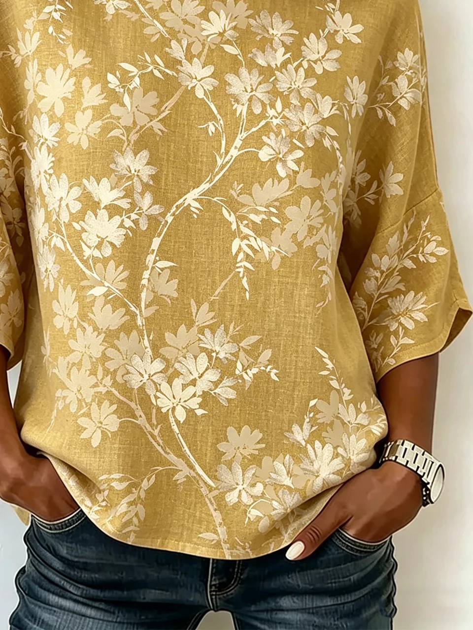 Loose Elegant Leaf Crew Neck Shirt
