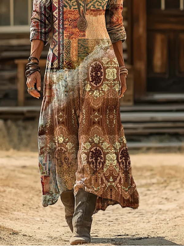 Women's Long Sleeve Spring/Fall As Picture Abstract Printing V Neck Daily Going Out Vintage Maxi H-Line Dress