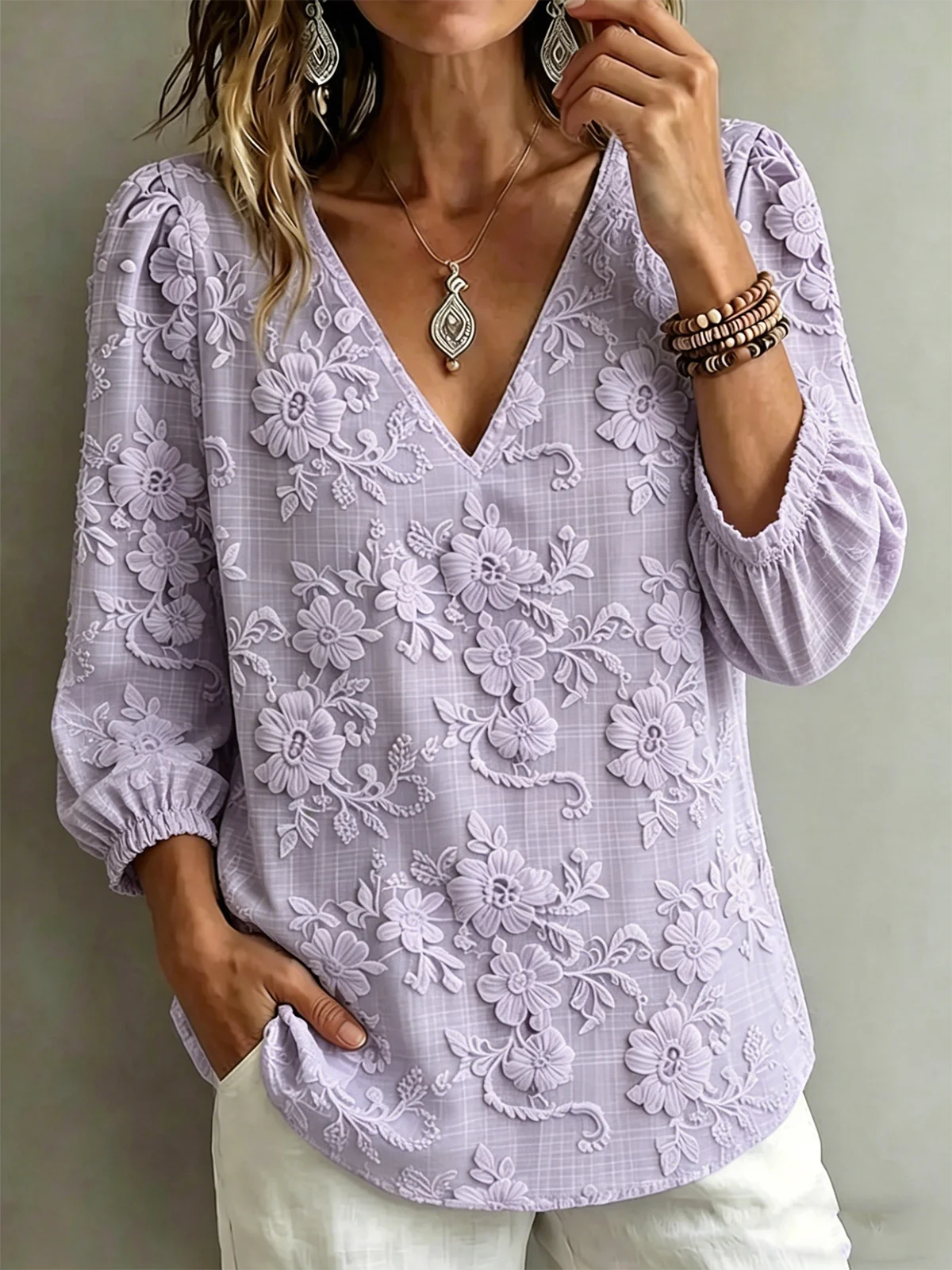 Vintage V Neck Cotton-Blend Floral T-Shirt