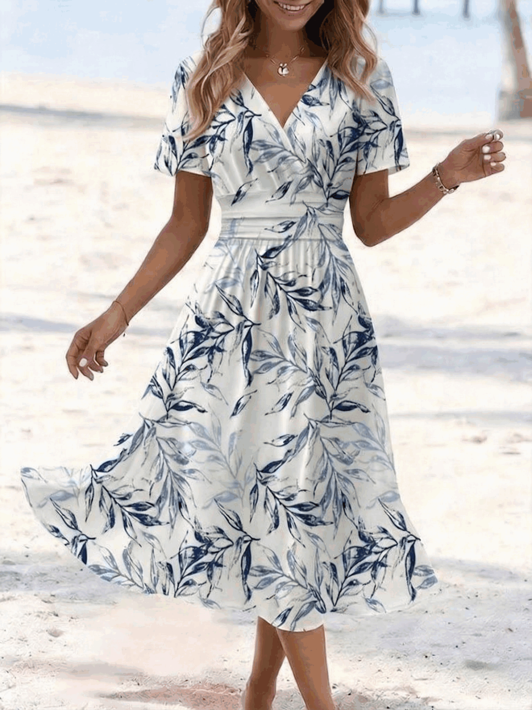 Women’s Blue Leaf Print Wrap V Neck Midi Dress Boho Summer Dress
