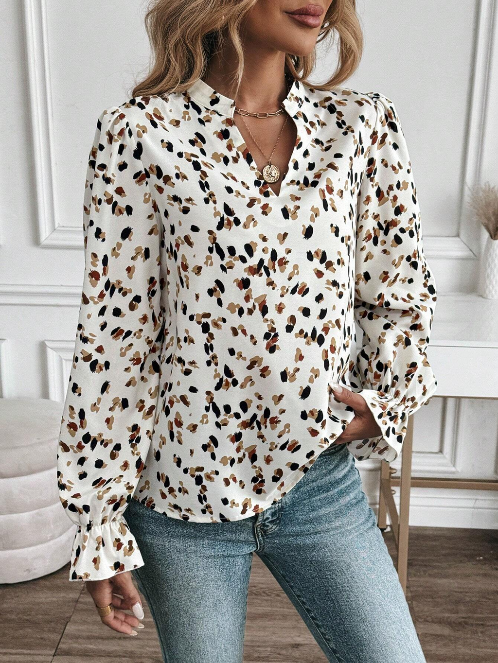 V Neck Loose Polka Dots Casual Blouse