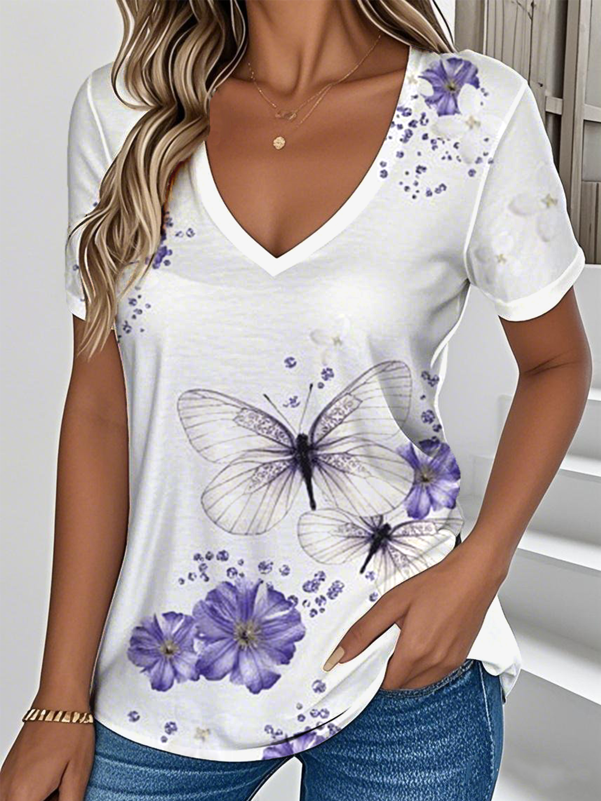 Floral Simple V Neck T-Shirt