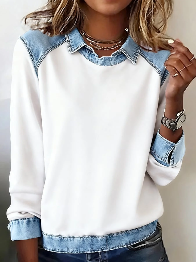 Women'S Casual Lapel Denim Stitching Pullover Sweatshirt