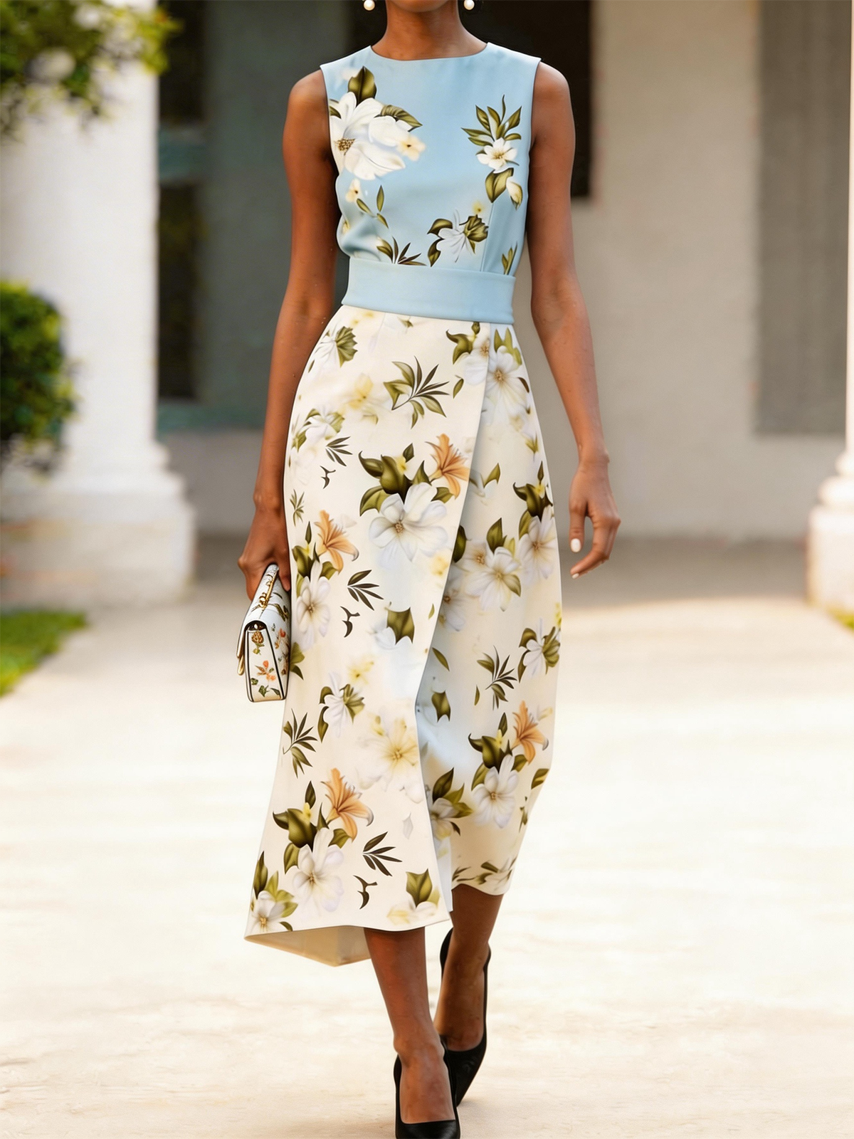 Blue & Cream Magnolia Floral Sleeveless Wrap Midi Dress