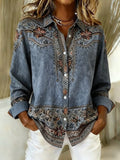 Women's Long Sleeve Shirt Spring/Fall Blue Faux Denim Print Graphic Buckle Shirt Collar Regular Sleeve Daily Going Out Casual Top