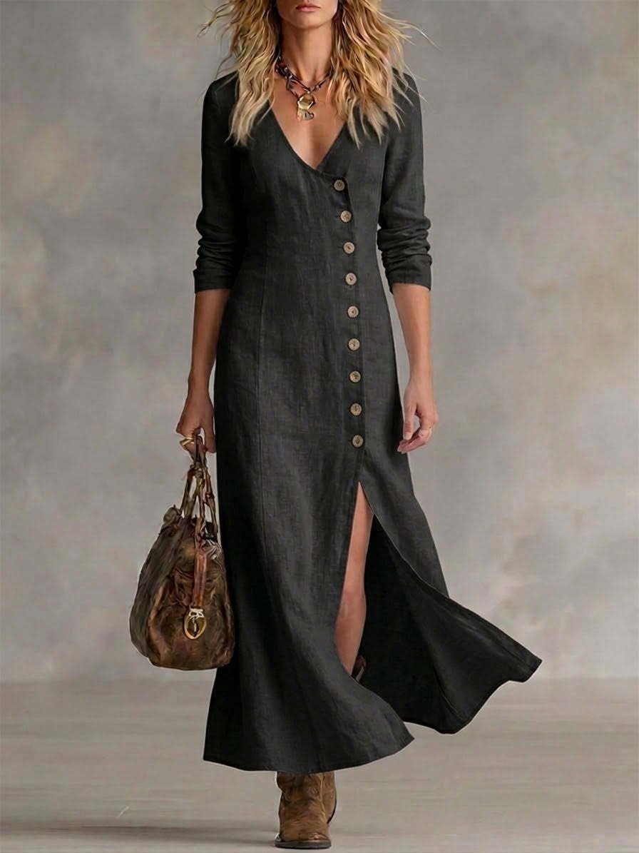 Linen Blend Vintage Loose V Neck Dress With No