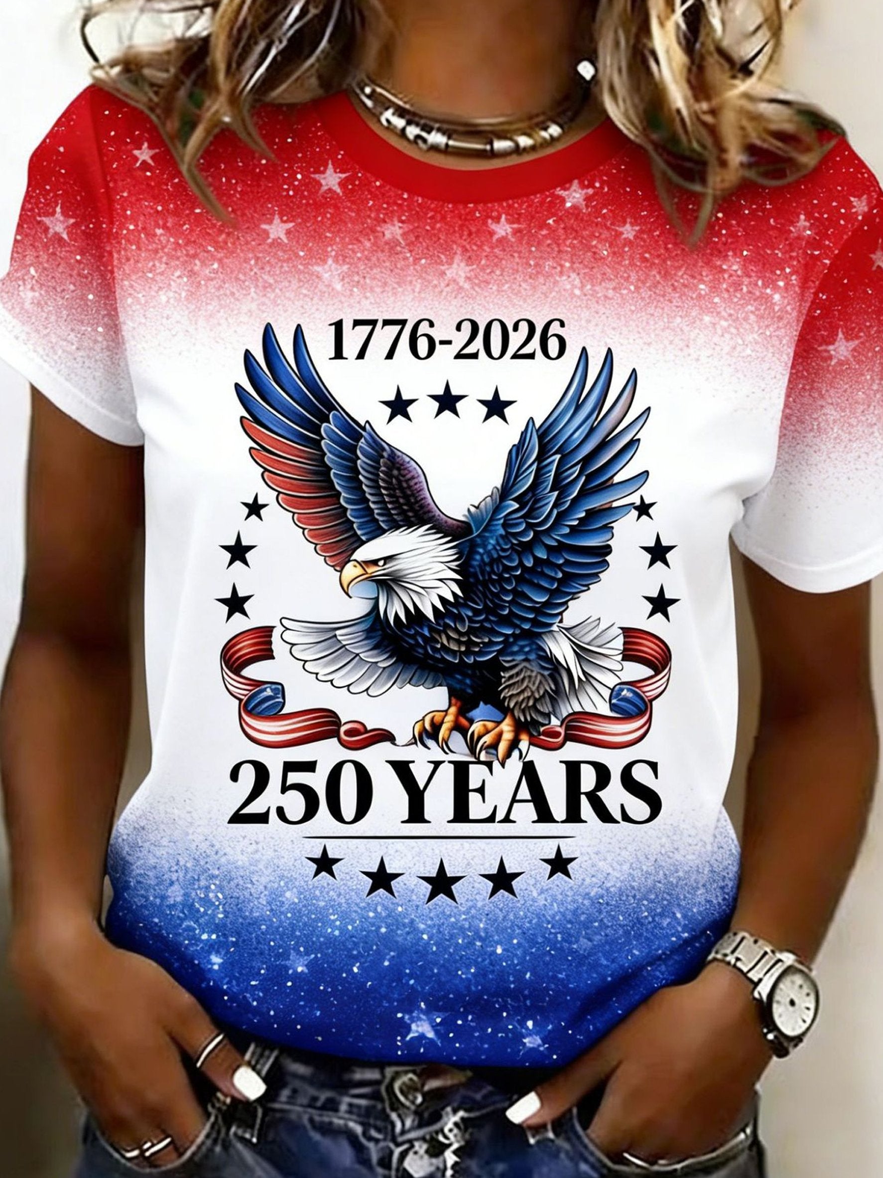 3D Printing Eagle Old Glory America Flag 250th Anniversary Crew Neck Casual T-Shirt
