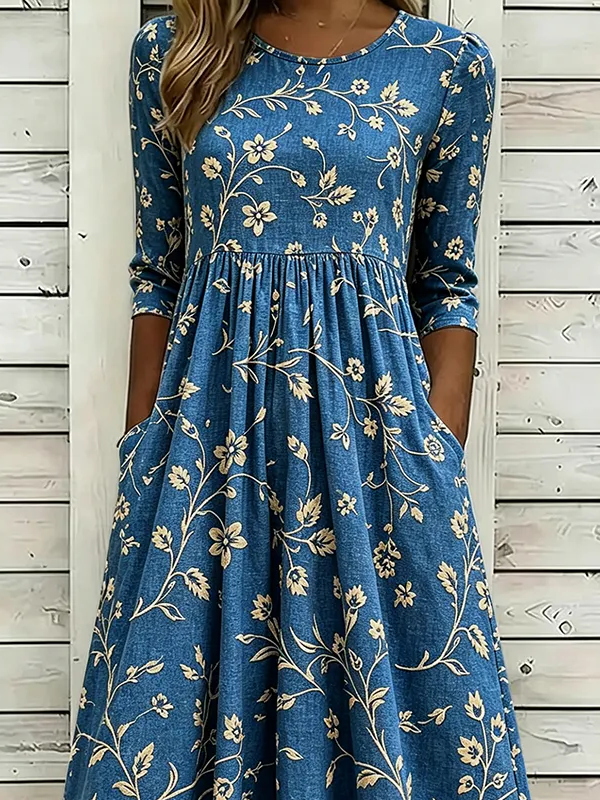 Women's Half Sleeve Summer Blue Floral Printing Crew Neck Daily Going Out Casual Maxi H-Line Dress