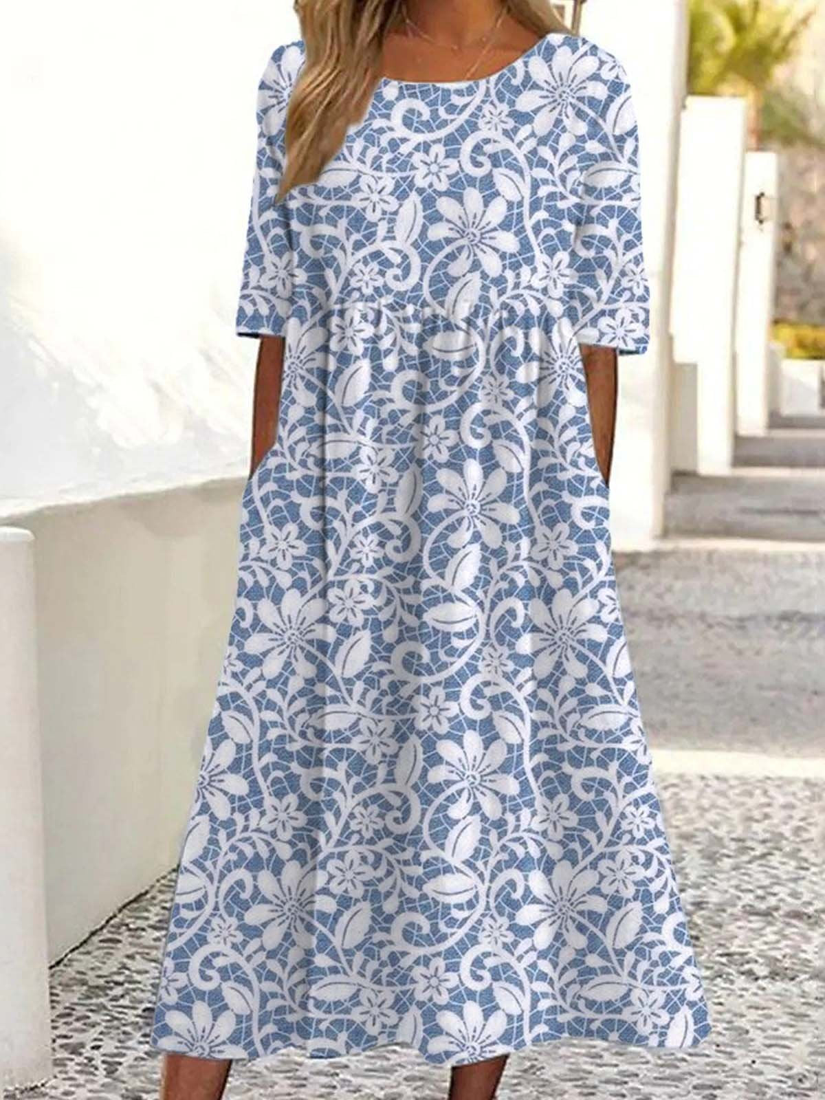 Vintage Crew Neck Floral Loose Dress With No