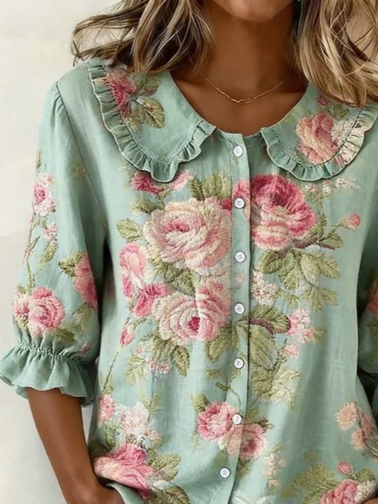 Women's Casual Peter Pan Collar Printed Cotton Linen Shirt