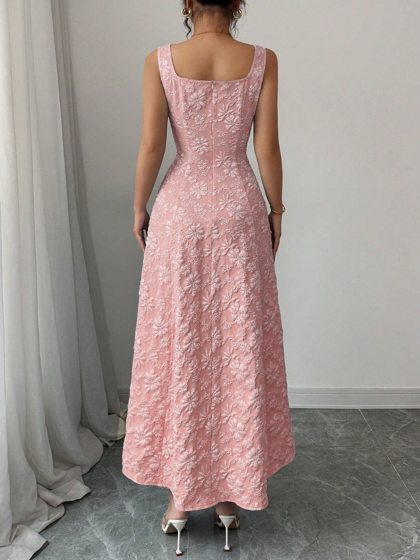 Jacquard Floral Square Neck Vintage Dress