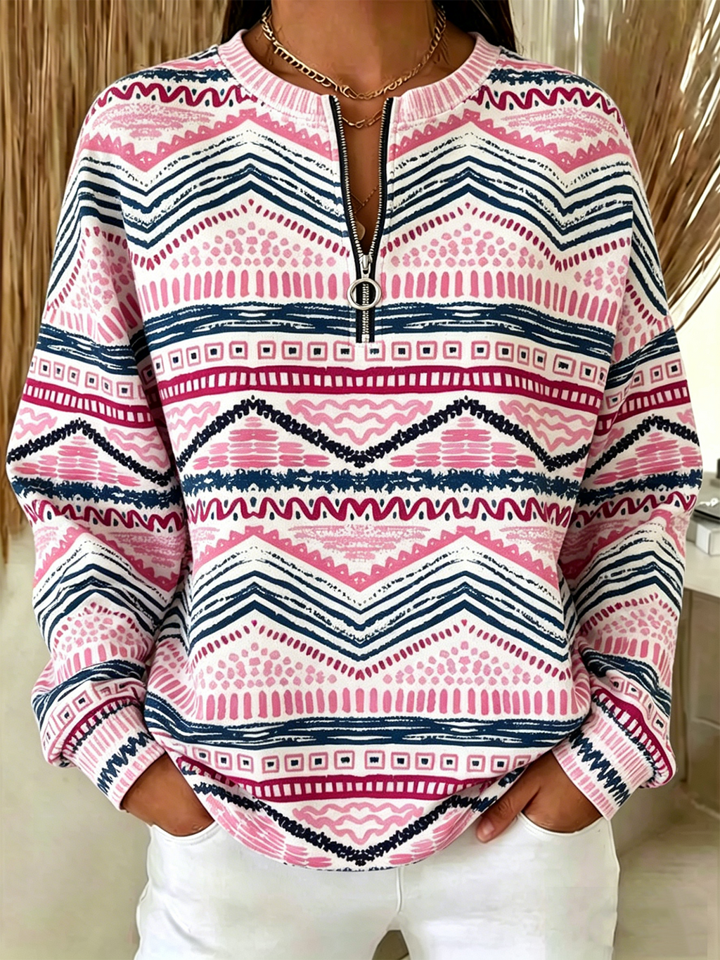 Casual Loose Crew Neck Geometric Sweatshirt