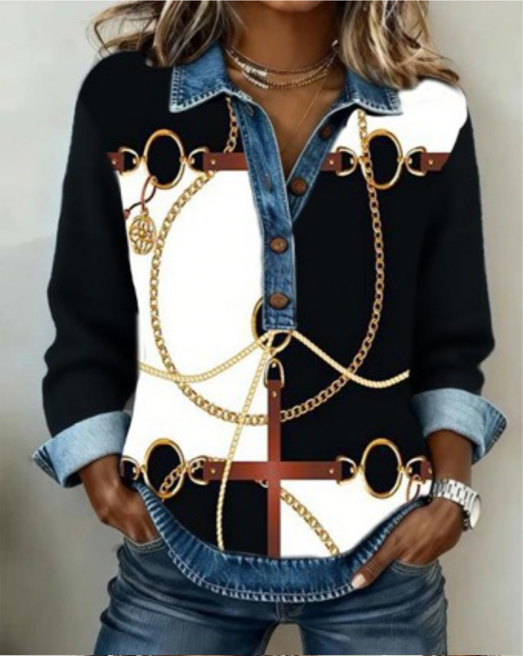 Geometric Color Block Denim Casual Loose Long Sleeve Button Shirt Collar Going Out Casual Shirt