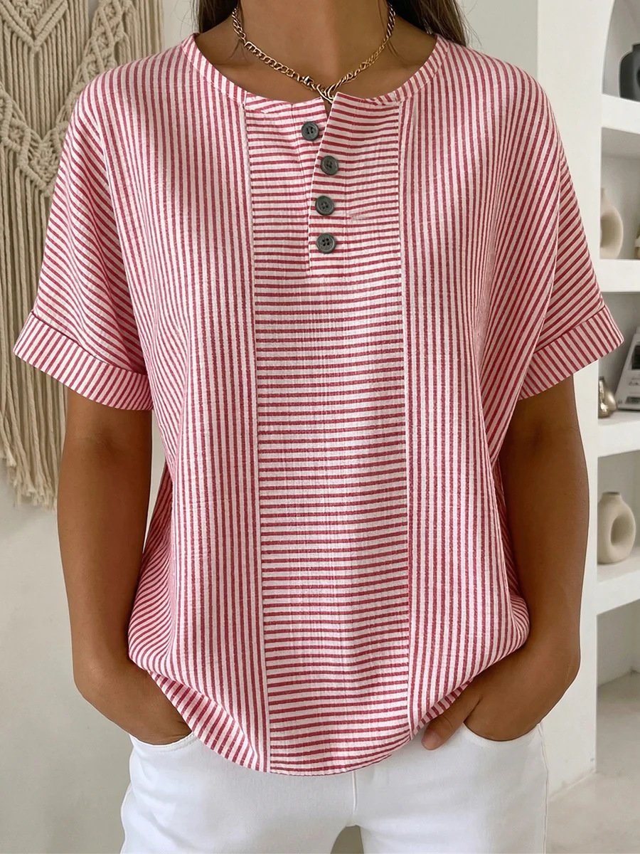 Light Blue Stripe Print Henley Neck Button Down T-Shirt