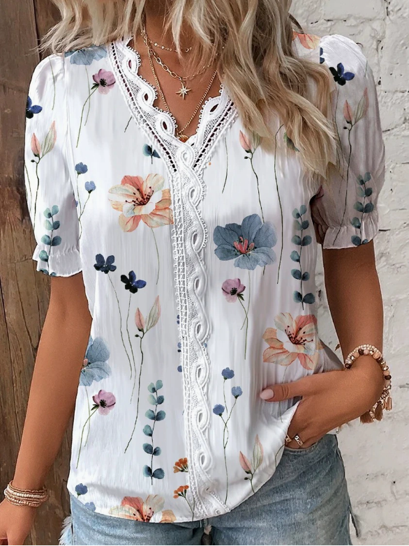Blue Floral Short Sleeve Ruffle V Neck Lace Trim Summer Going Out Casual Blouse