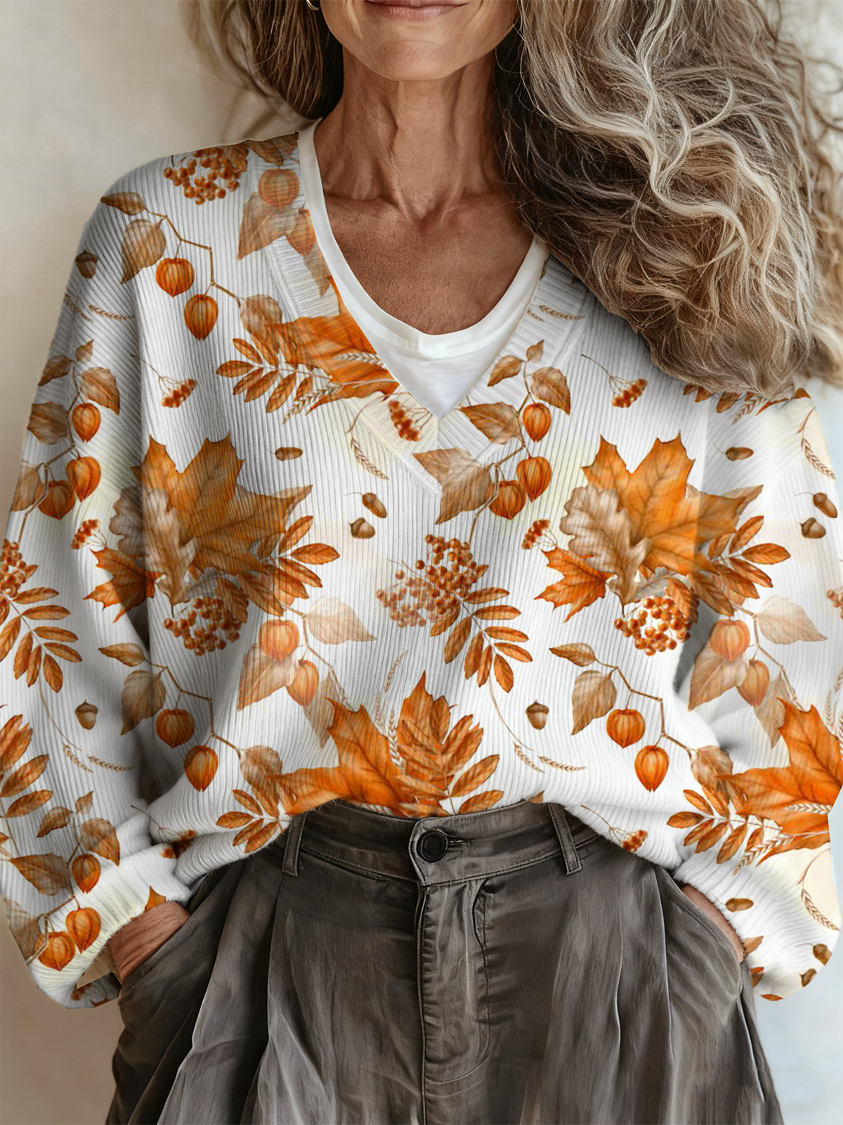 Casual Botanical Pattern V Neck Sweater