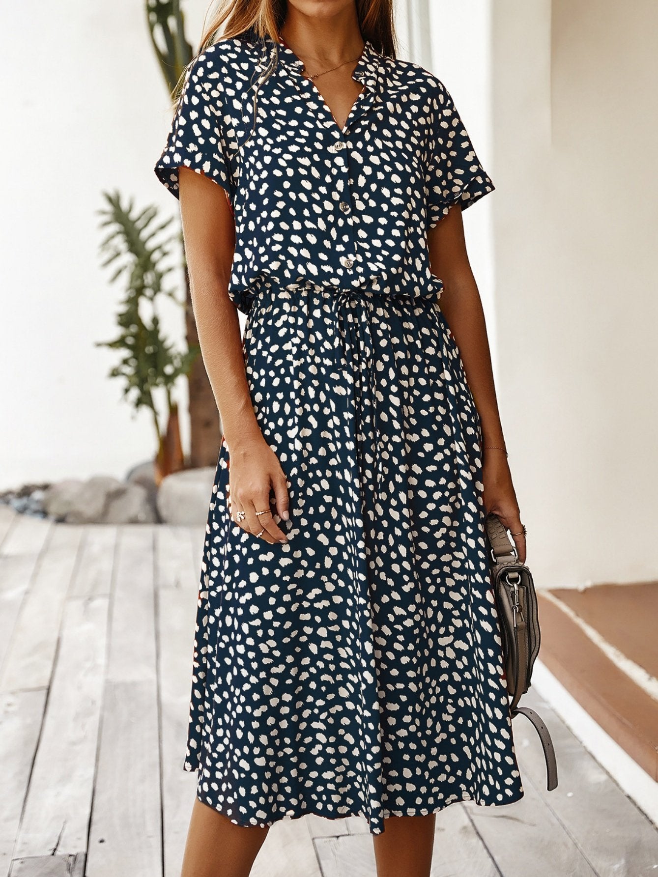 Women's Short Sleeve Summer Blue Polka Dots Split Joint V Neck Daily Going Out Vintage Maxi A-Line T-Shirt Dress Dress