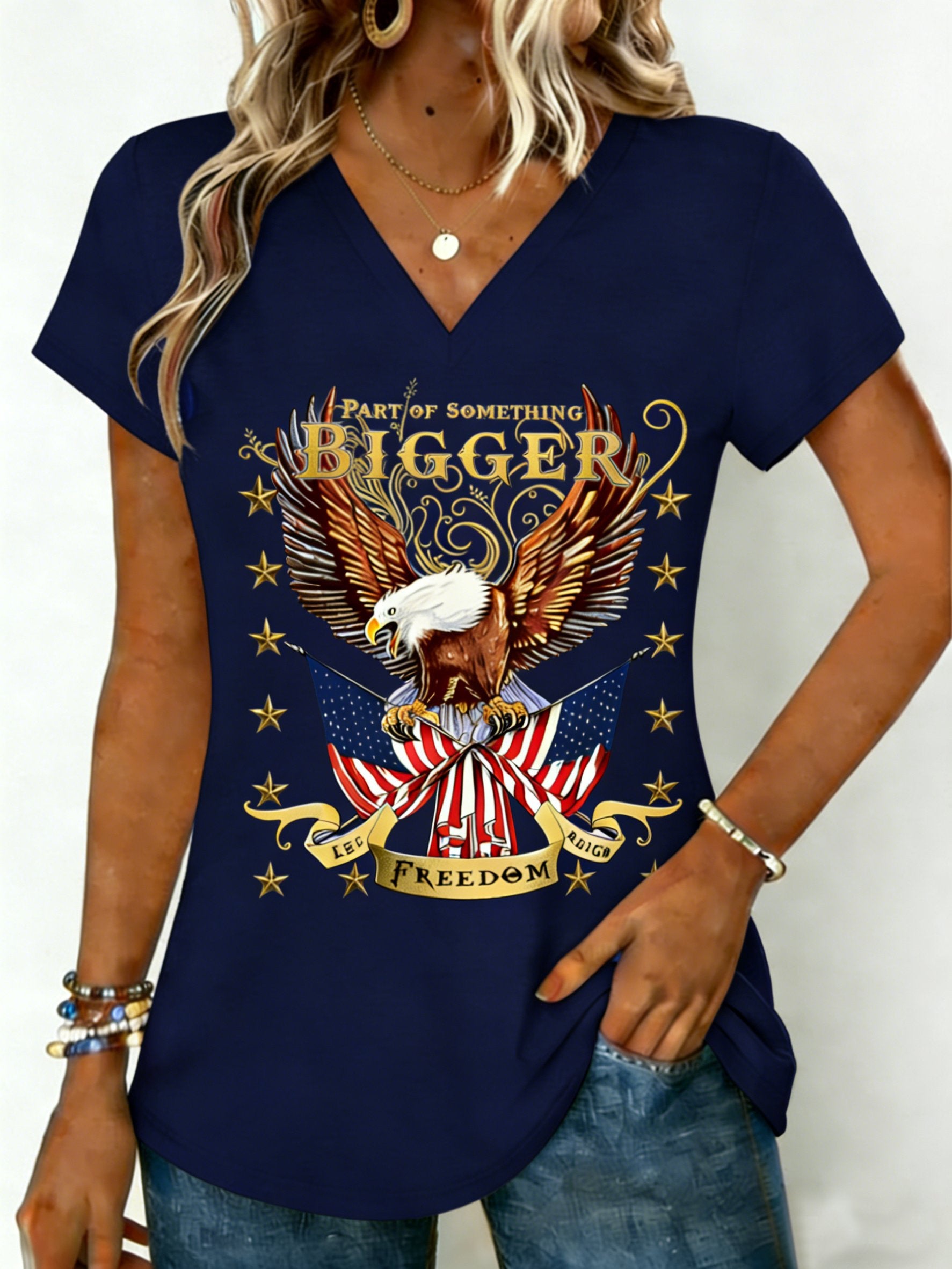 Letter Print V Neck Short Sleeve 250th Anniversary Casual T-Shirt