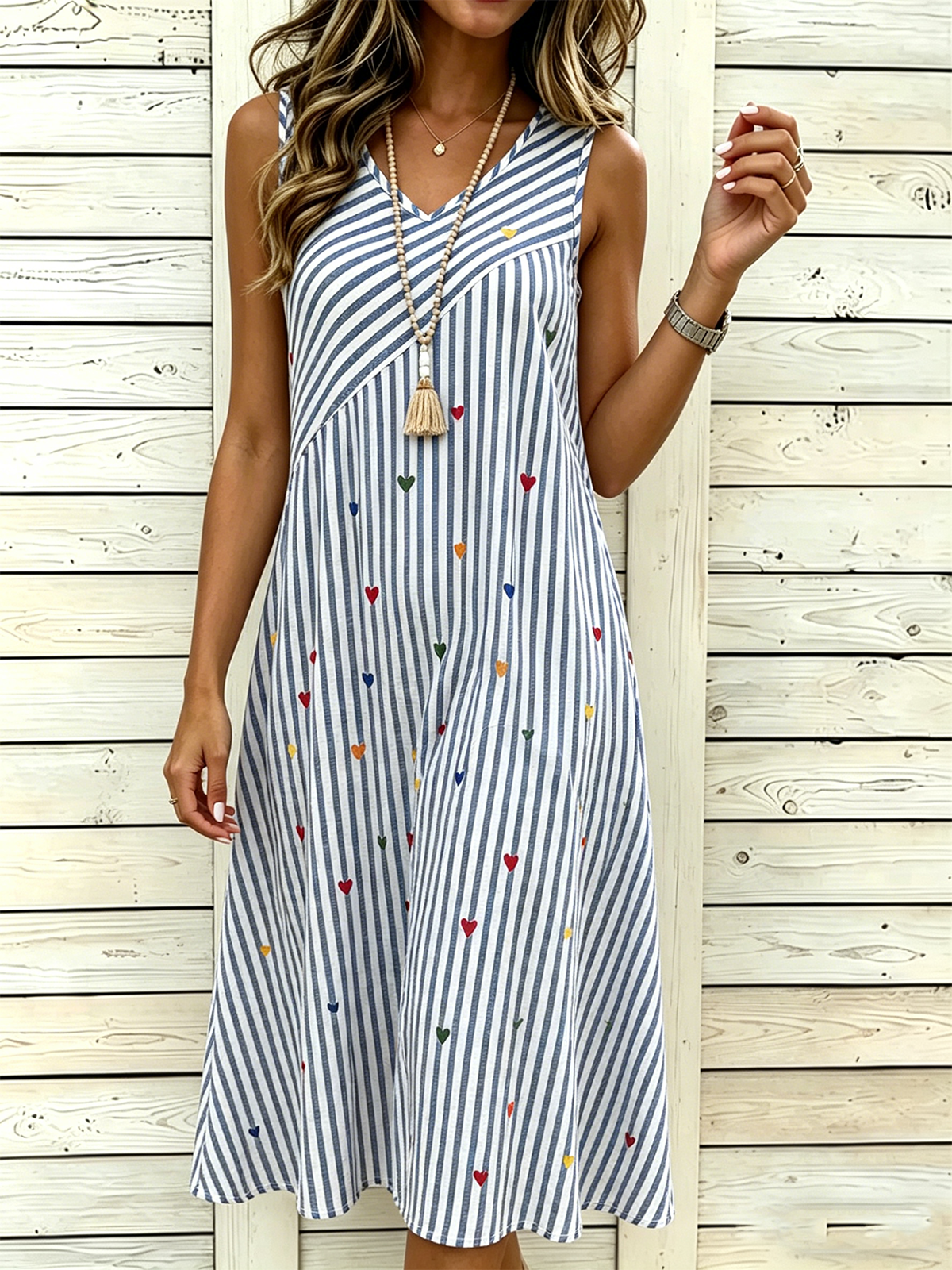 Women’s Vertical Stripe Heart Print Sleeveless V Neck Midi Dress Casual Boho Sundress