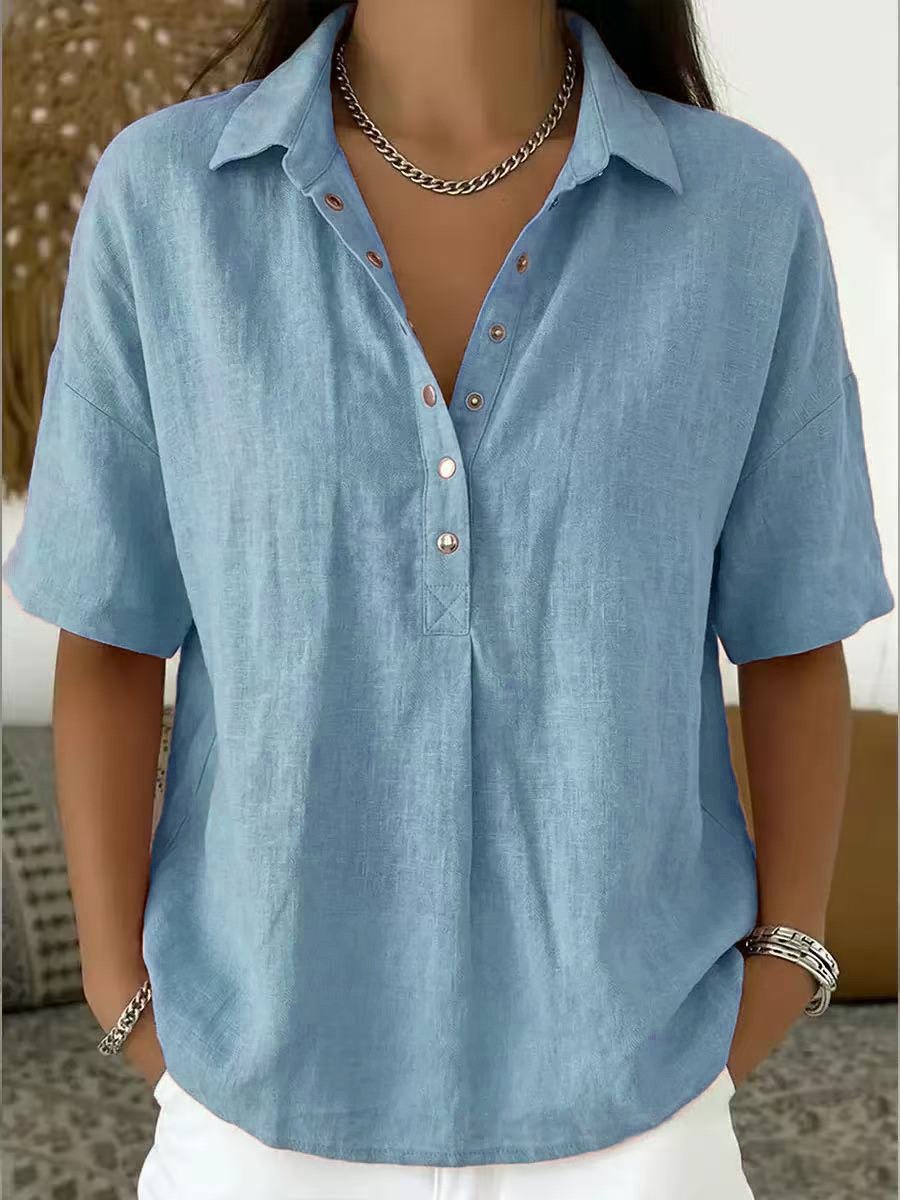 Women's Short Sleeve Shirt Summer Blue Plain Split Joint Ramie Mock Neck Daily Going Out Casual Top