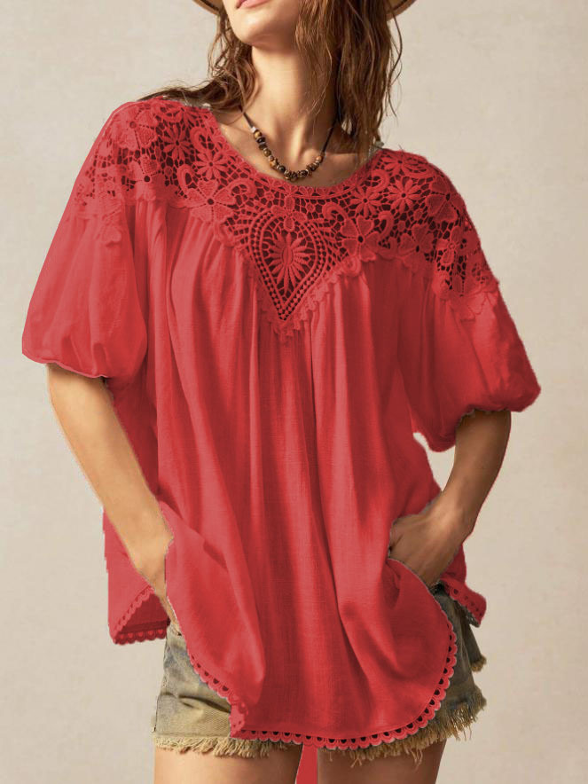 Polyester Cotton Lace Patchwork Crew Neck Puff Sleeve Western Style Summer Spring Going Out Blouse