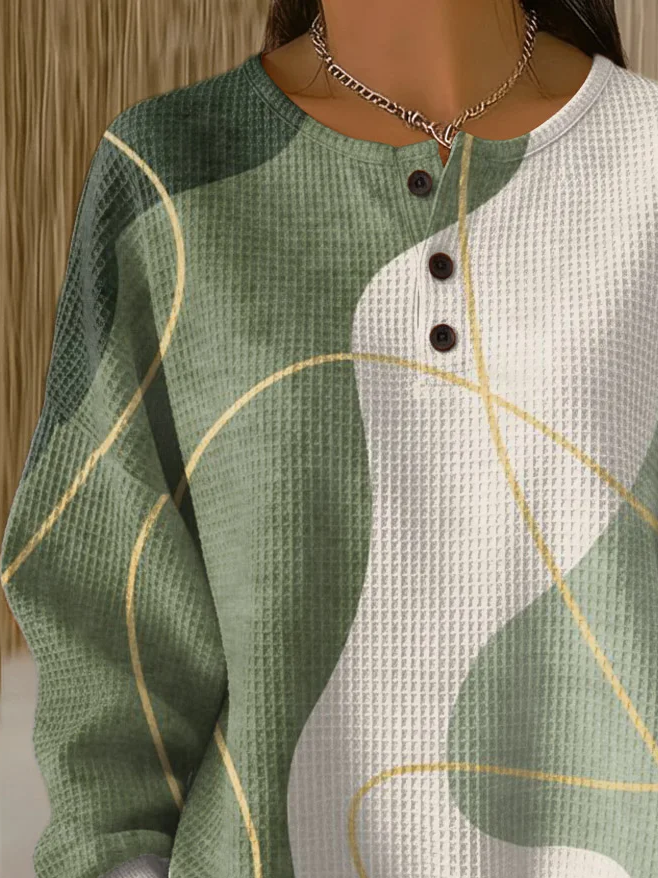 Women's Abstract Print Button-Up Casual Waffle Knit Sweatshirt