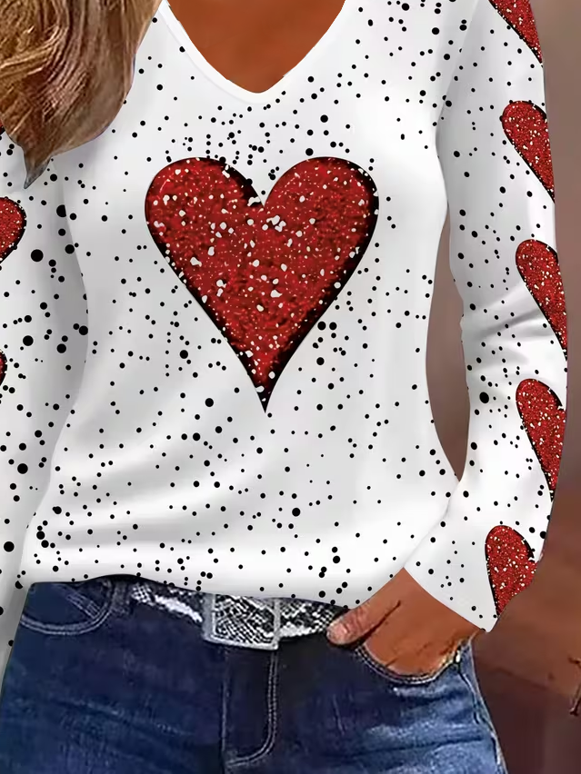 Women's Long Sleeve T-shirt Spring/Fall White Heart/Cordate Printing Jersey V Neck Daily Going Out Casual Top
