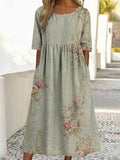Crew Neck Vintage Loose Floral Dress With No