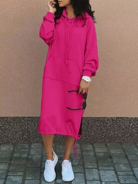Women's Long Sleeve Spring/Fall Green Plain Split Joint Hooded Daily Going Out Vintage Maxi A-Line Hoodie Dress