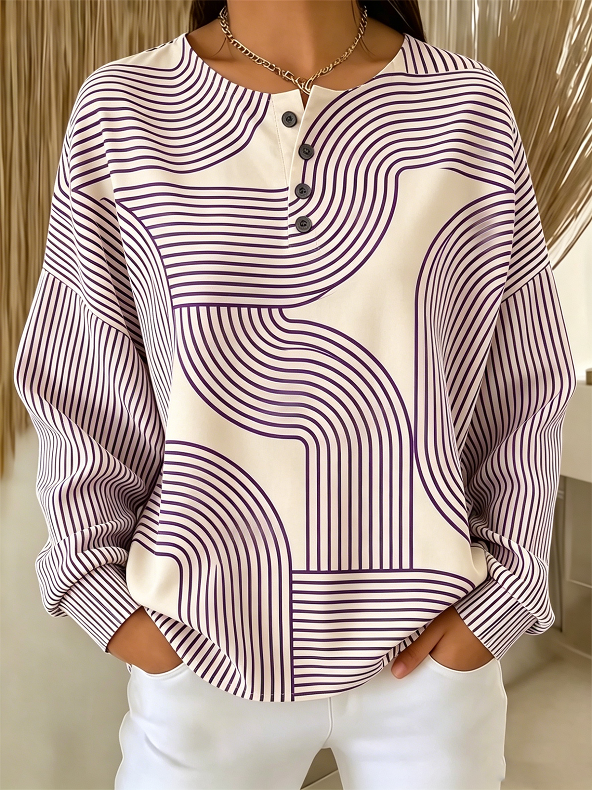 Abstract Geometric Stripe Print Henley Neck Long Sleeve Casual Sweatshirt