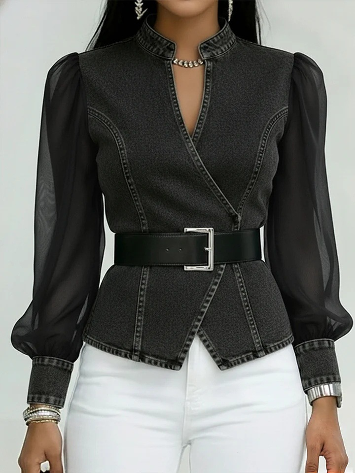 Women's Fashionably Elegant Slim-fitting Denim Look Jacket With Organza Sleeves Casual Blouse