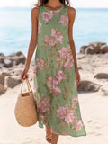 Women's Green Floral Print Sleeveless Maxi Dress Casual Beach Dress