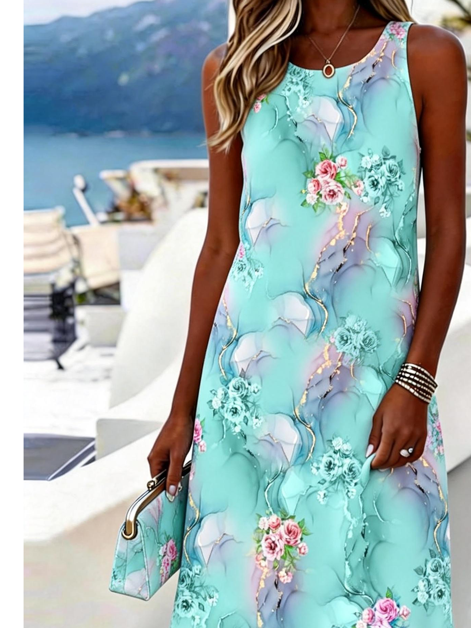 Women's Turquoise Floral Print Midi Dress Sleeveless Round Neck Casual Beach Dress