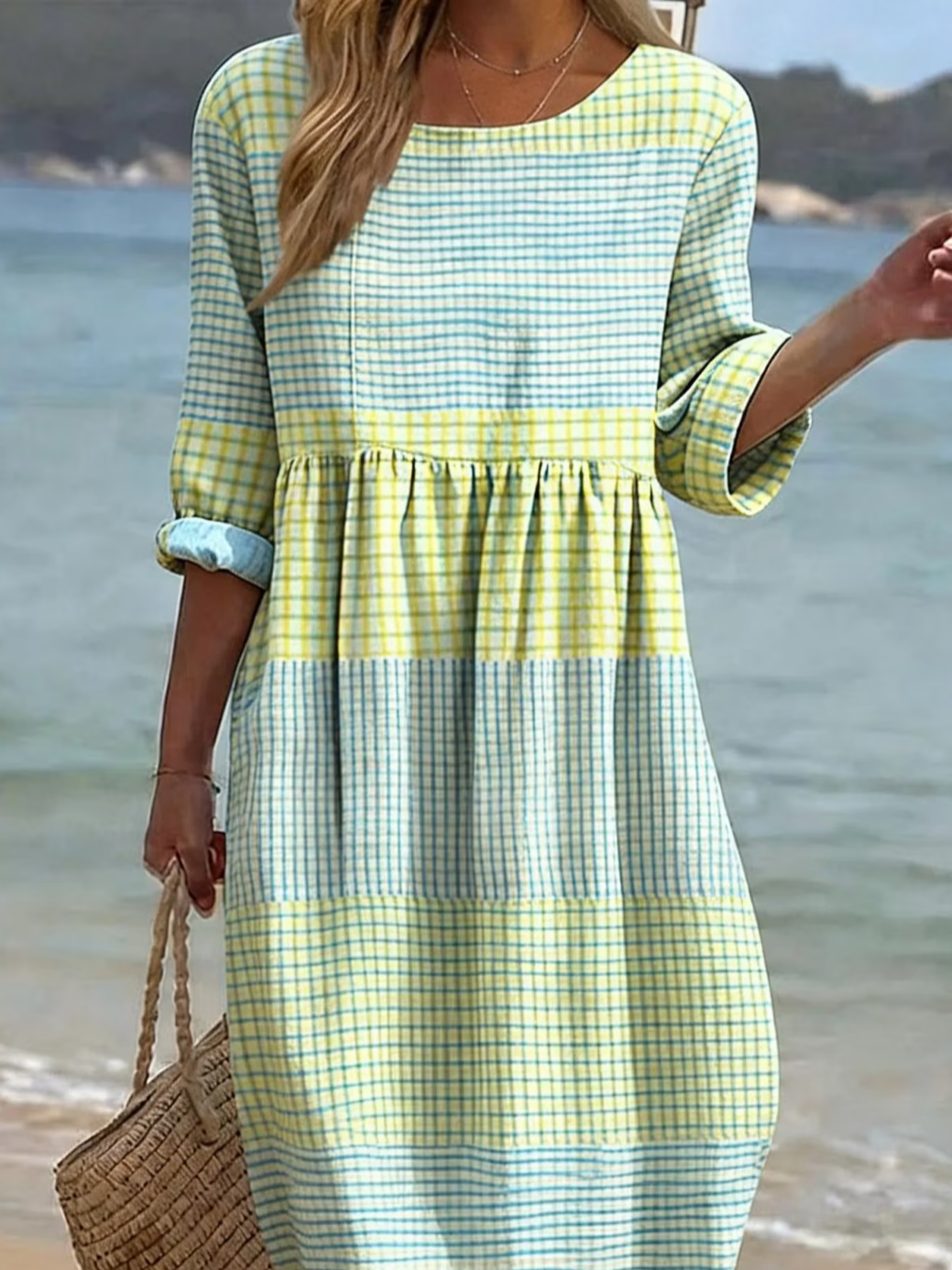 Women's Half Sleeve Summer Blue Plaid Printing Crew Neck Daily Going Out Casual Maxi H-Line Dress