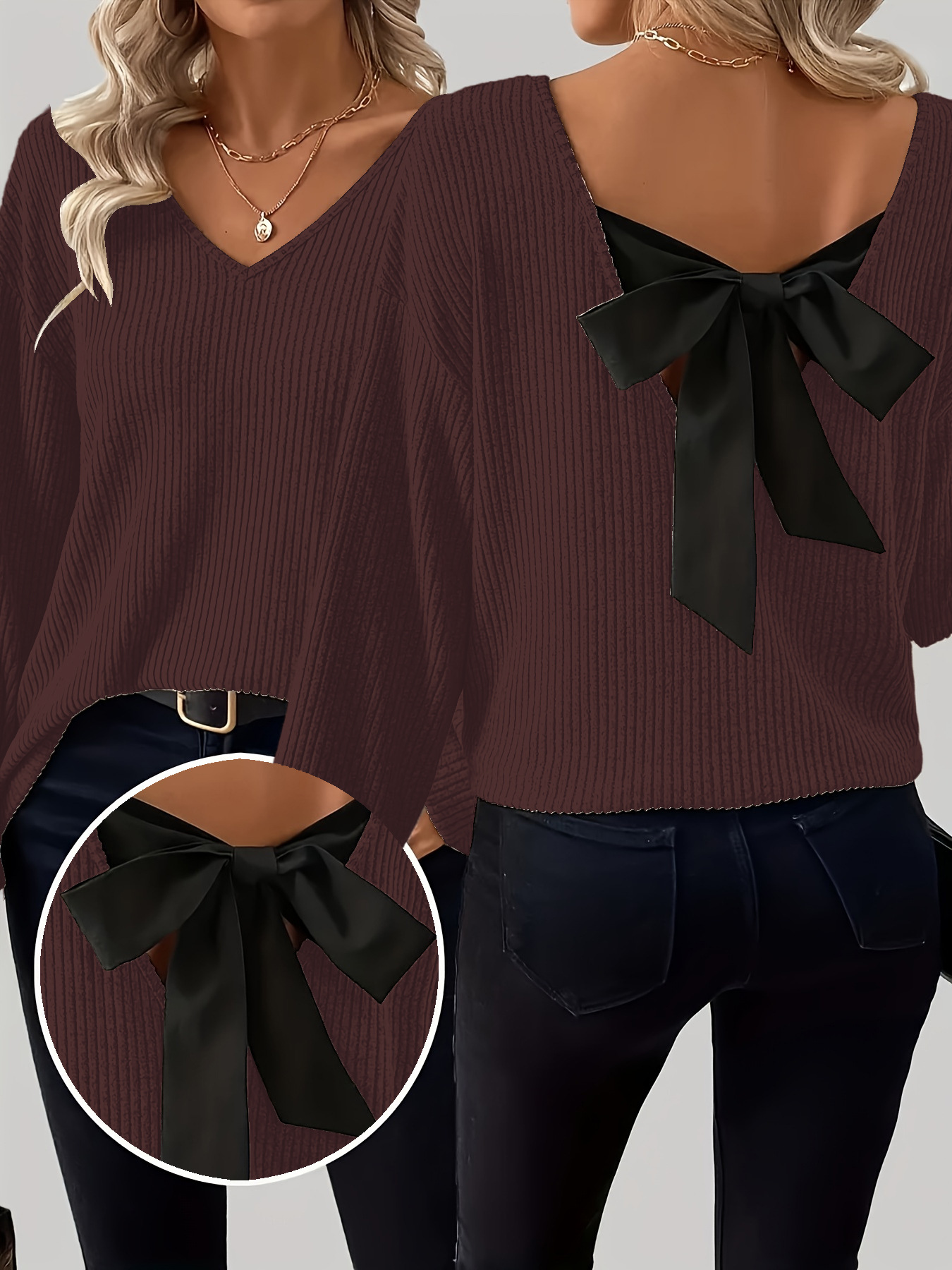 Elegant Plain Bow V Neck Blouse