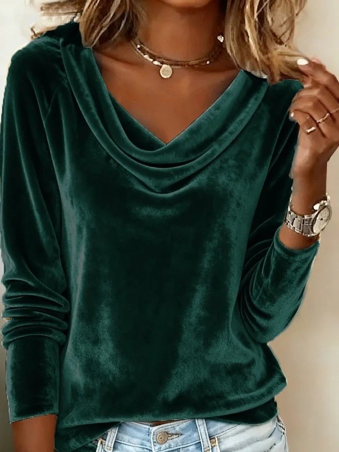 Women's Long Sleeve T-shirt Spring/Fall Golden Plain Split Joint Cowl Neck Daily Going Out Vintage Top