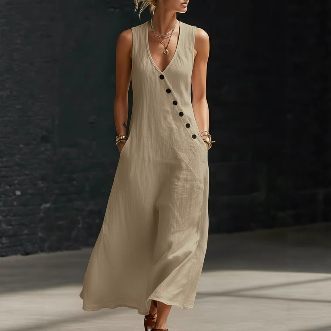 Women Cotton Linen Sleeveless V-Neck Button Vacation Going Out Maxi Dress