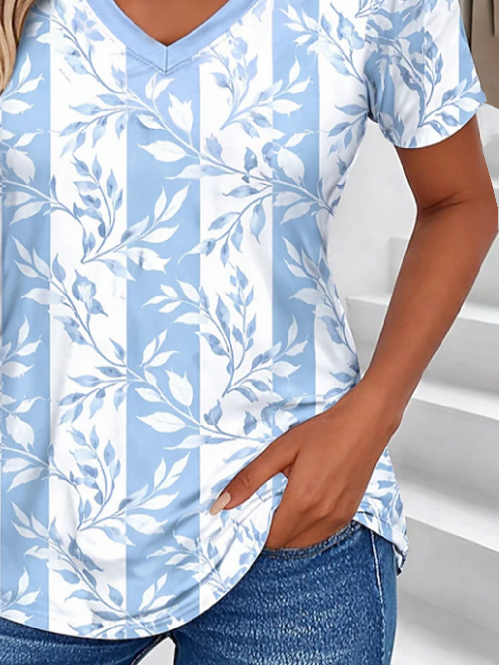 Women's Short Sleeve T-shirt Summer Blue Floral Printing V Neck Holiday Going Out Vintage Top