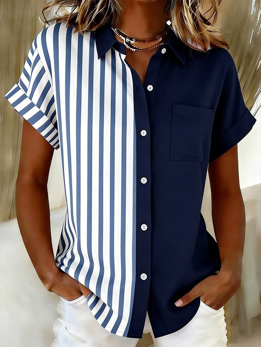 Shawl Collar Cotton-Blend Casual Shirt