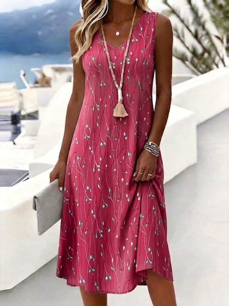 Blue Gray Gold Vine Leaf Print Sleeveless V-Neck Casual Midi Dress