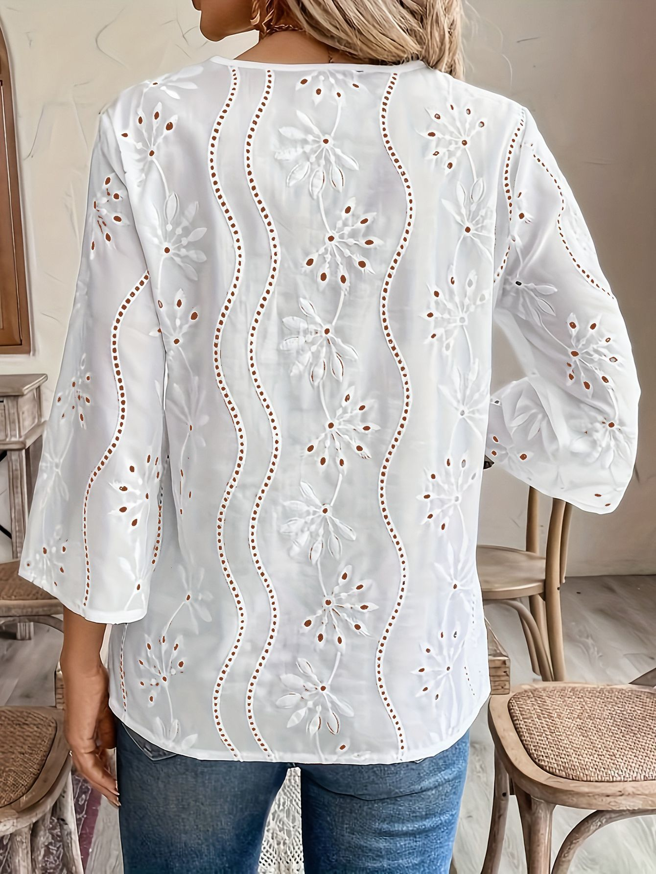 Loose Fit Flared Sleeves V Neck Lace Blouse