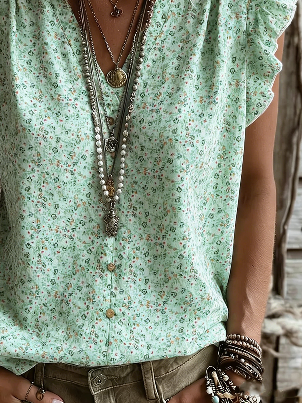 Ditsy Floral Vintage Loose Ruffle Sleeve T-Shirt