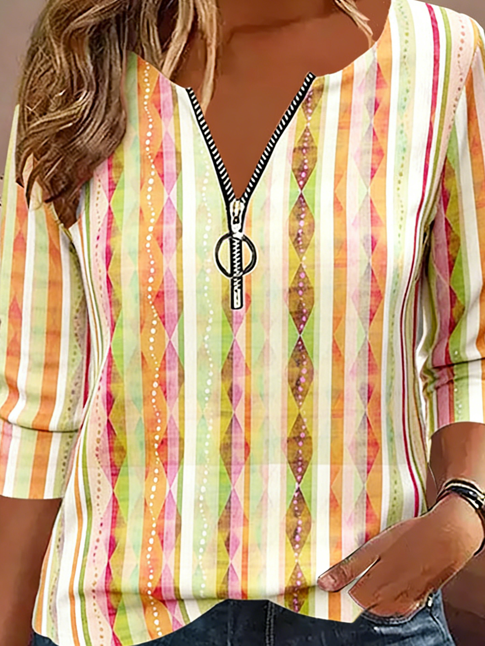 Cotton-Blend V Neck Casual T-Shirt