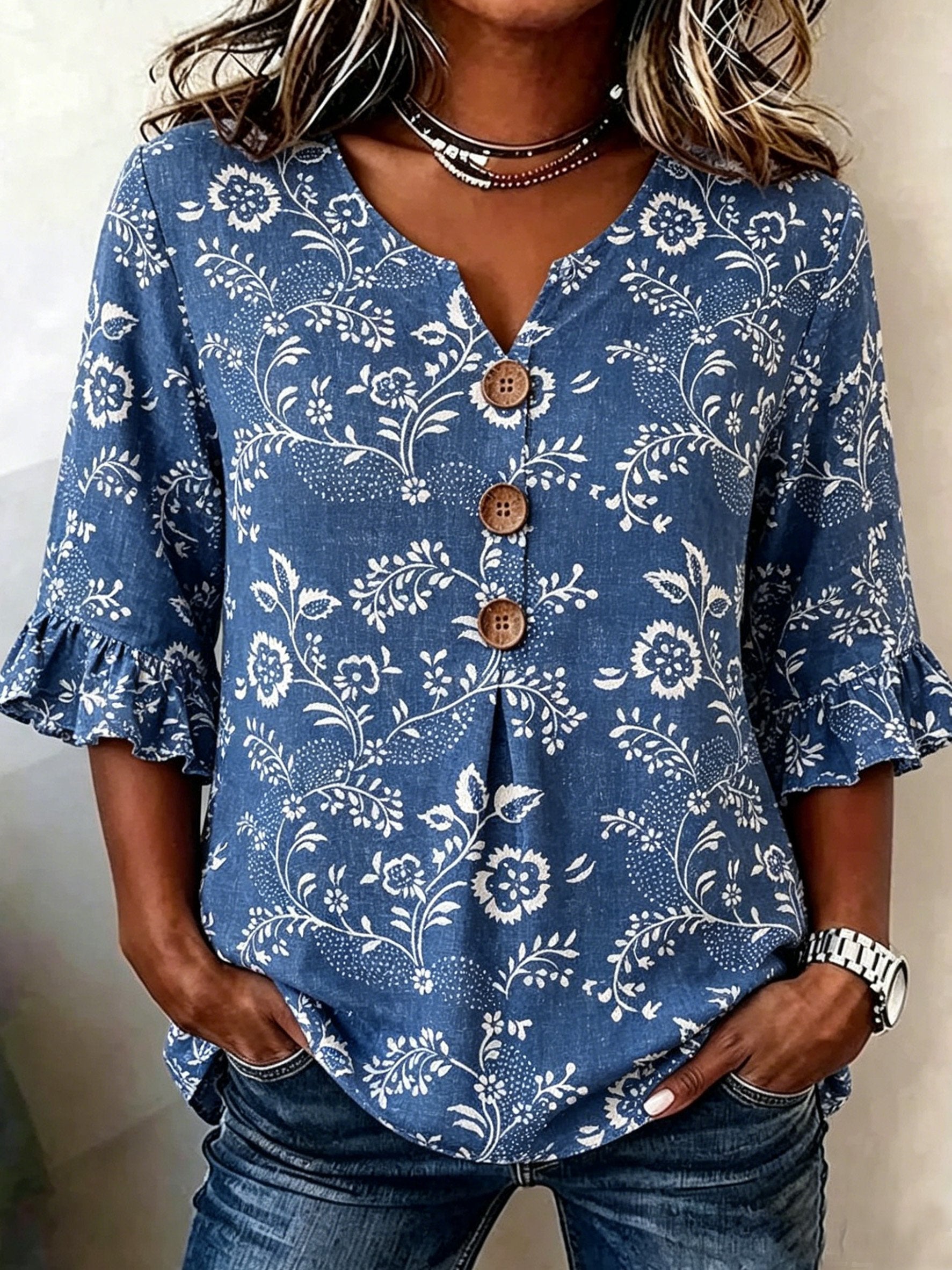 Women's Denim Blue Floral Half Sleeve Blouse Summer White Plain Peplum V Neck Button Daily Going Out Vintage Top